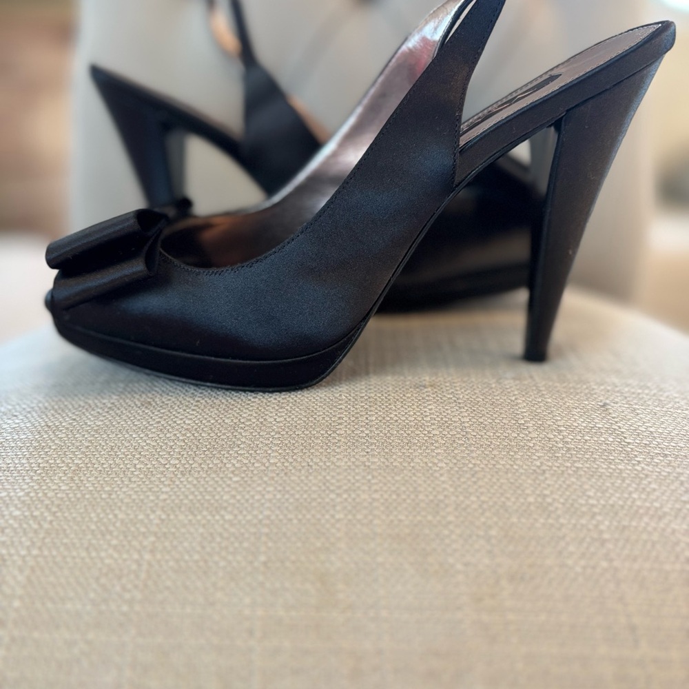 Nina Sophisticated Black Satin Heels with Bow Accent